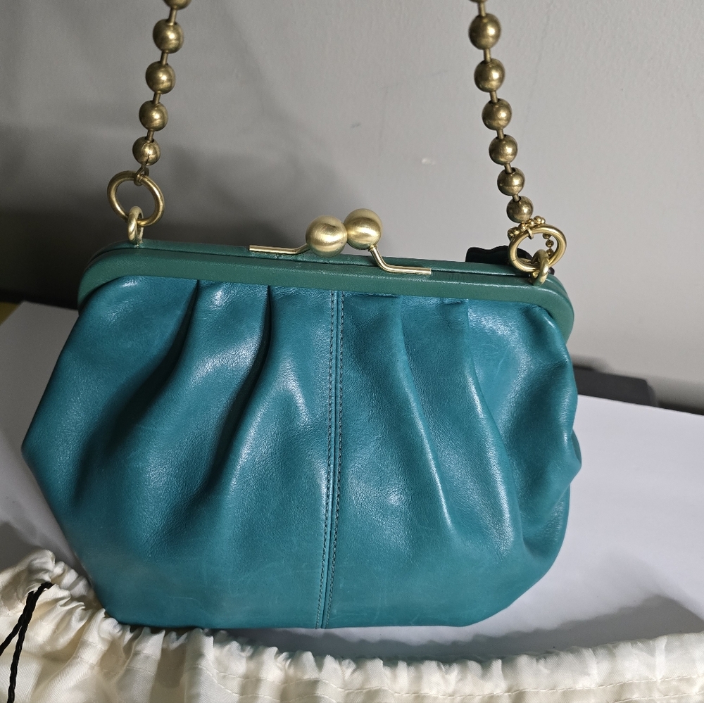 Coach Bleecker Legacy Kisslock Elegant Teal Leather Bag with Gold Chain, Vintage - Picture 7 of 13